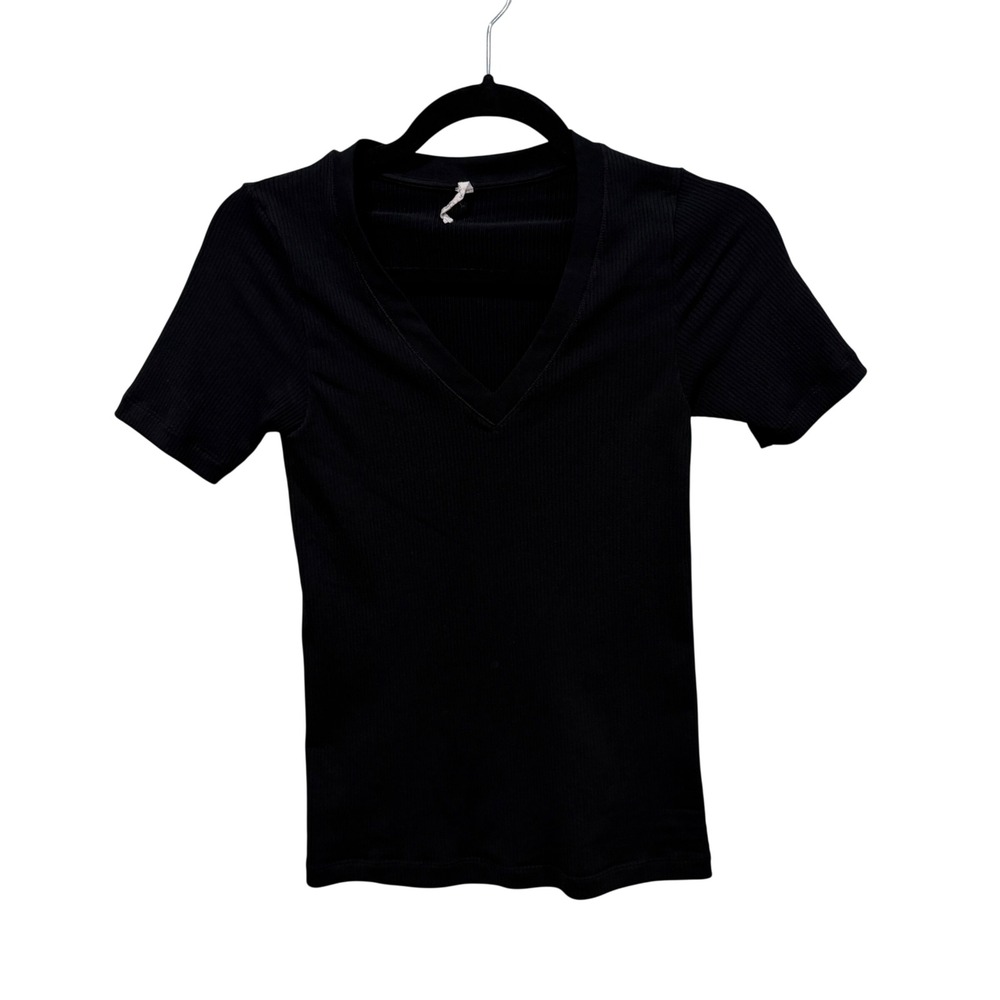 Athleta Ribbed Short Sleeve V-Neck Top Black XS Slim Fit Activewear Base Layer
